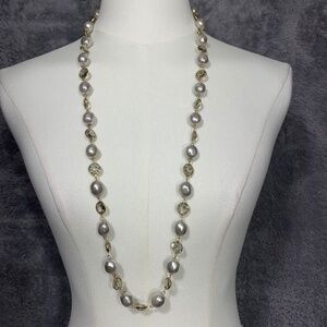 Unbranded Faux Pearl Crystal Station Necklace‎ Women OS Gold Cream Long Strand
